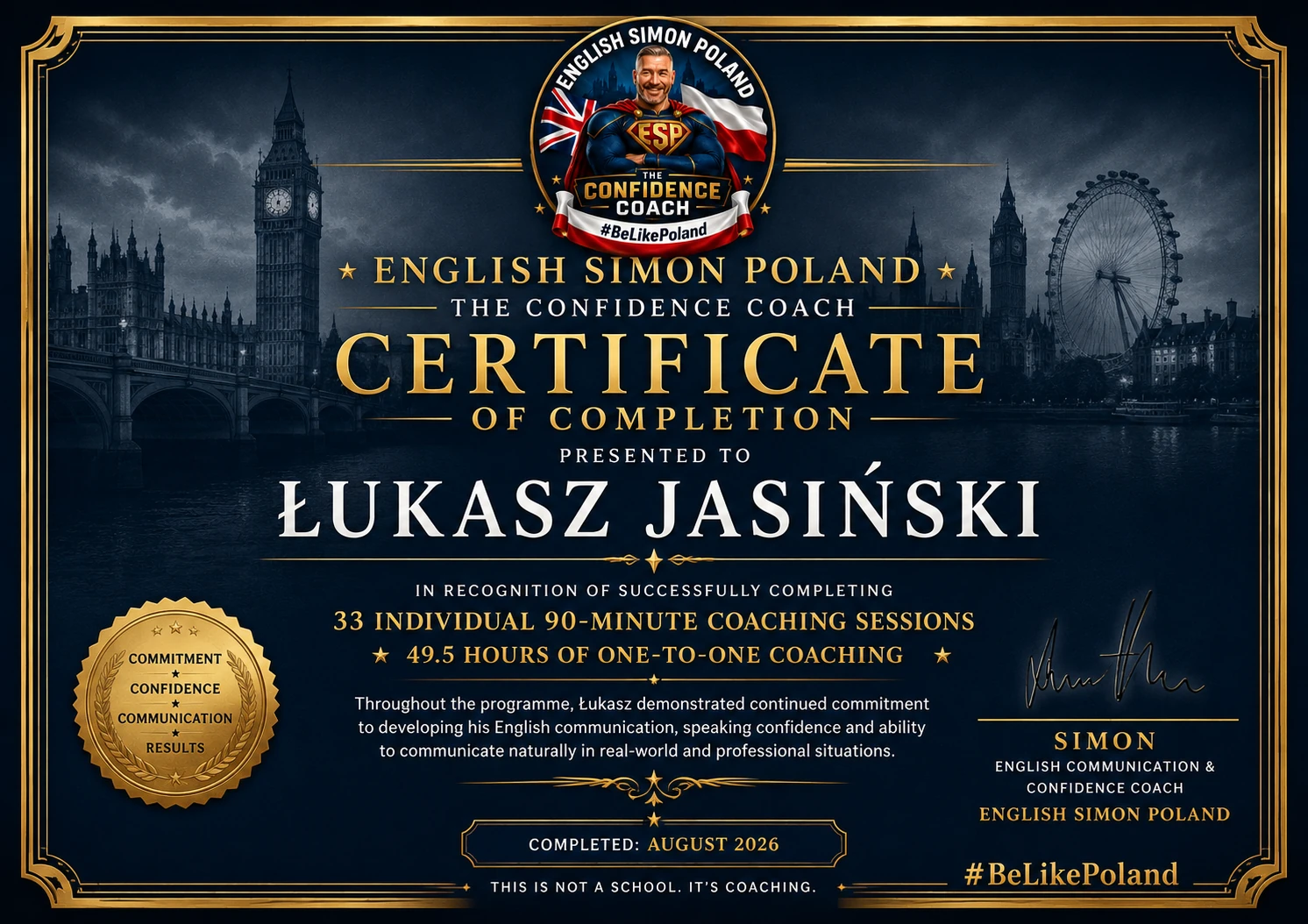 Original English Simon Poland certificate of completion presented to Łukasz Jasiński, showing 33 individual coaching sessions